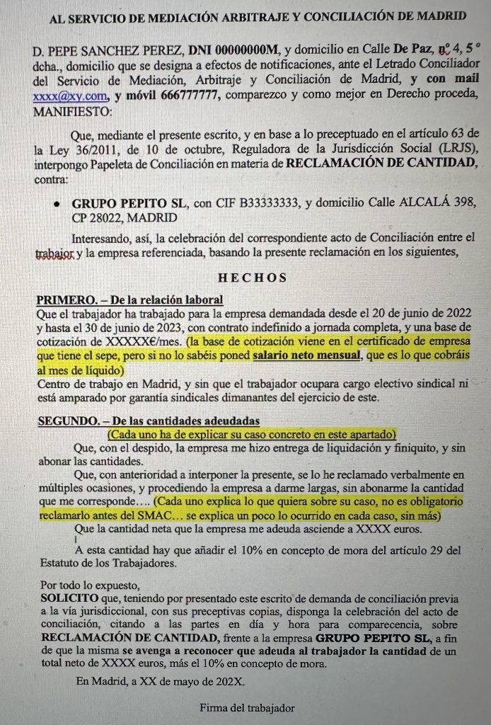 redactar papeleta conciliación